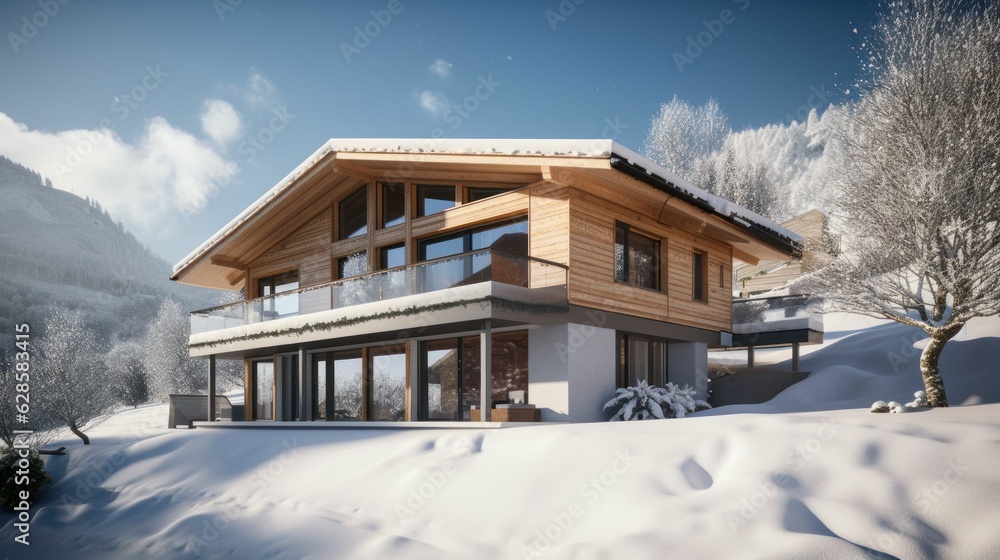 AI generated illustration of a house atop a hill blanketed with snow, surrounded by a lush forest AI generated illustration of a house atop a hill blanketed with snow, surrounded by a lush forest
