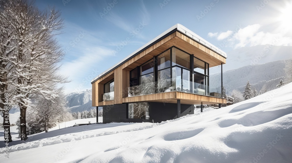 AI generated illustration of a house atop a hill blanketed with snow, surrounded by a lush forest