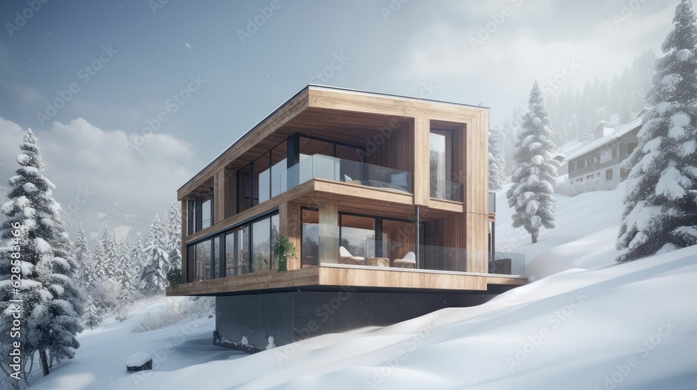 AI generated illustration of a house atop a hill blanketed with snow, surrounded by a lush forest AI generated illustration of a house atop a hill blanketed with snow, surrounded by a lush forest