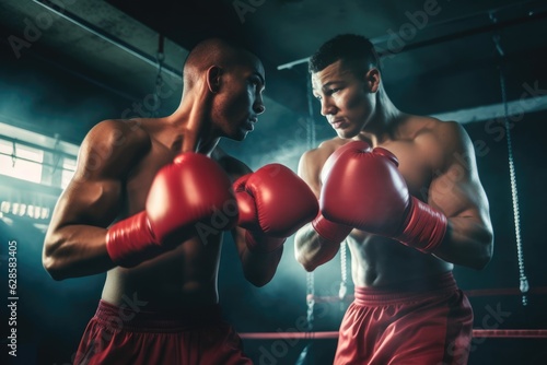 Intense Sparring: Two Men in Red Boxing Gloves Showcasing Lively Action Poses in a Scoutcore Boxing Gym