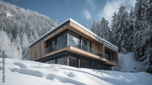 AI generated illustration of a house atop a hill blanketed with snow, surrounded by a lush forest
