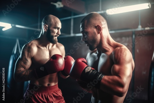Intense Sparring: Two Men in Red Boxing Gloves Showcasing Lively Action Poses in a Scoutcore Boxing Gym © Philipp