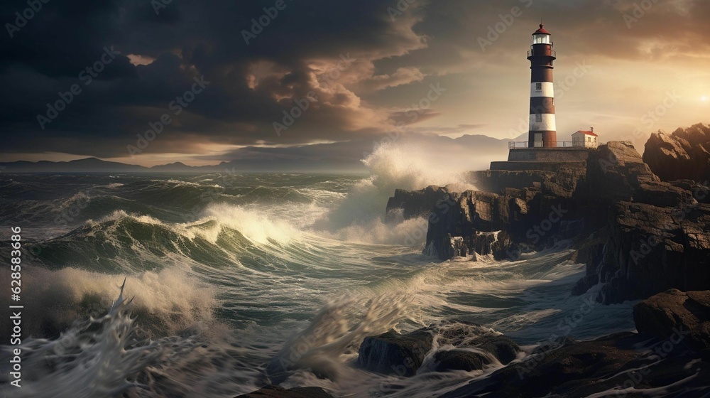 AI generated illustration of a majestic lighthouse against the tumultuous sea with powerful waves
