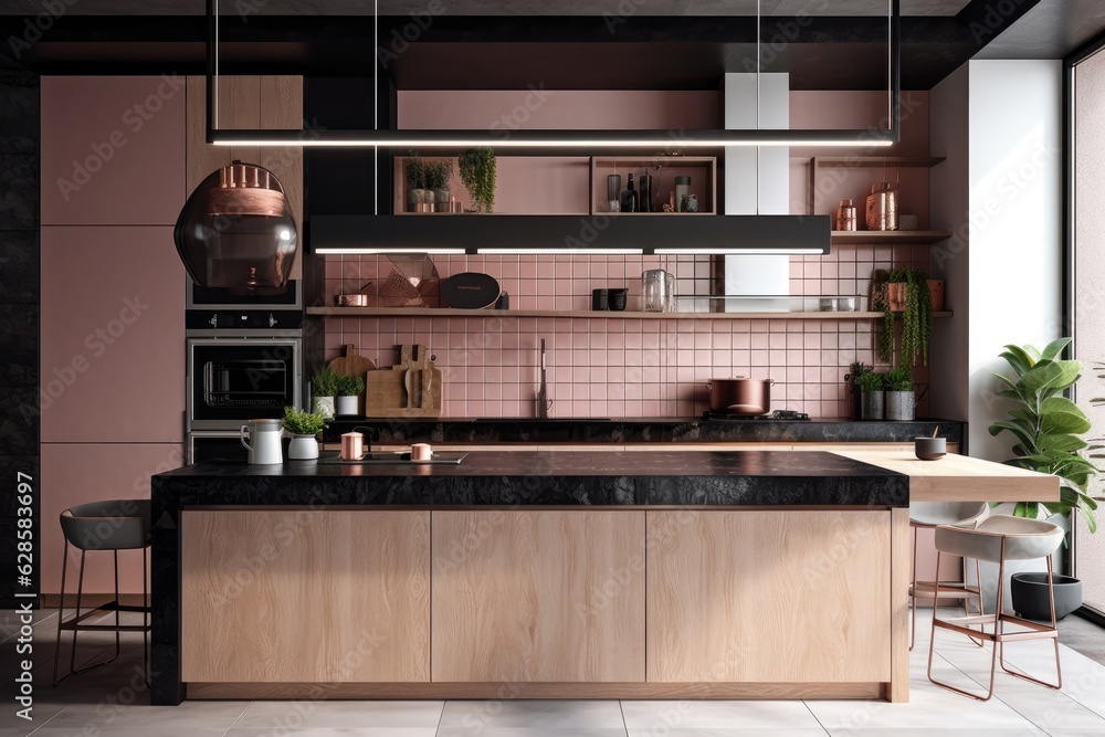 Interior of a black countertop, stove, and pink tiled kitchen. frontal view idea of prepared meals. a mockup. Generative AI Interior of a black countertop, stove, and pink tiled kitchen. frontal view idea of prepared meals. a mockup. Generative AI