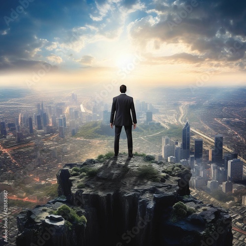 AI generated illustration of a man standing atop a rocky cliff, overlooking an expansive cityscape