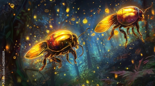 AI generated illustration of beetles illuminated by a glowing light
