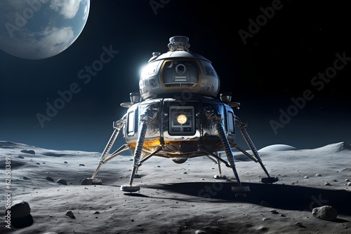 Fotografia Spaceship lands on the surface of the moon, space expedition to the planet or satellite