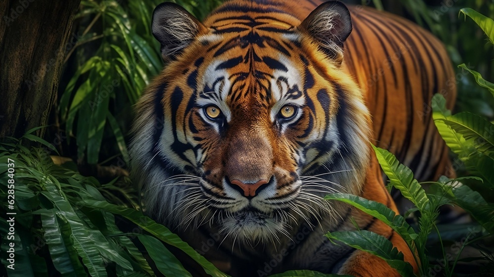 AI generated illustration of an orange tiger's eyes peeking through lush green foliage