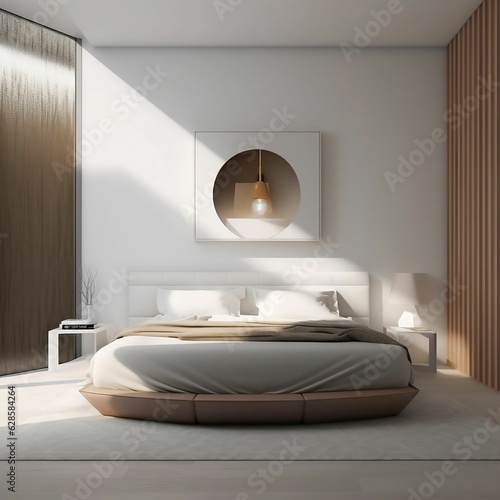 Modern bedroom featuring a comfortable bed in the center of the room.