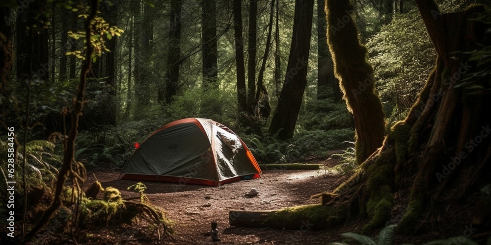 AI generated illustration of a camping tent set up amongst the lush green forest on a rocky trail