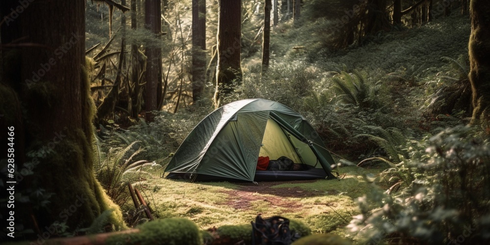 AI generated illustration of a camping tent set up in a peaceful forest, surrounded by tall trees