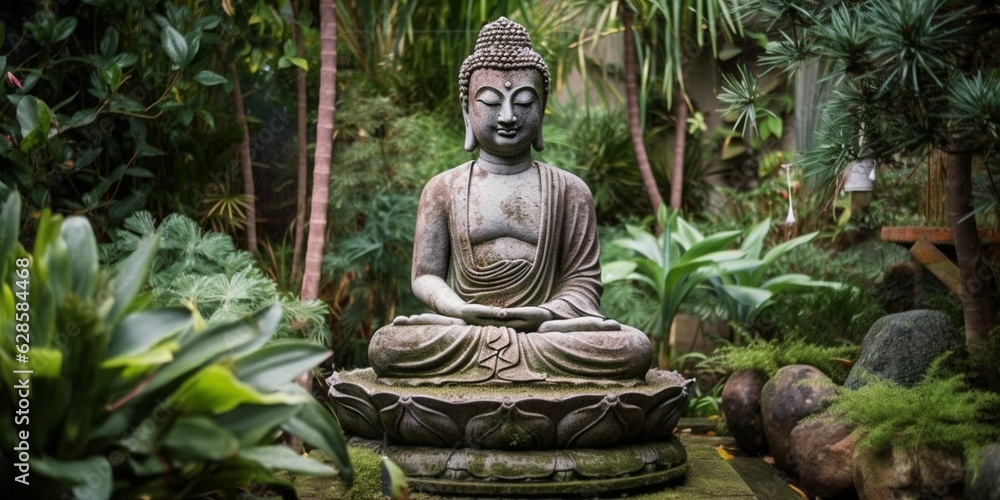 AI generated illustration of a stone Buddha statue in the center of a lush garden