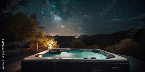 Fototapeta AI generated illustration of a hot tub surrounded by a night sky and distant mou