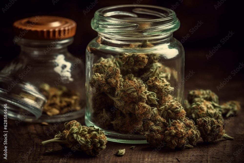 marijuana leaves are sitting in a jar by a glass bottle marijuana leaves are sitting in a jar by a glass bottle