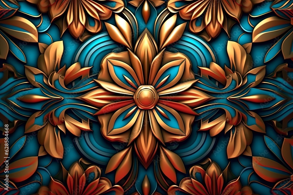 3d rendering of an ornate floral pattern on a dark blue background 3d rendering of an ornate floral pattern on a dark blue background