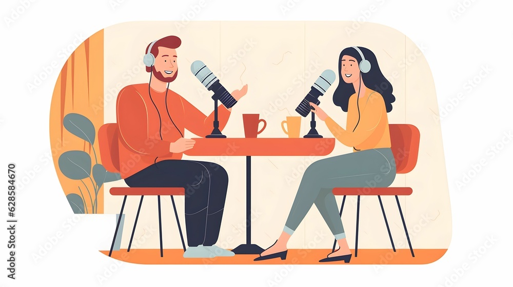 AI generated illustration of a professional man and a woman engaged in a podcasting session