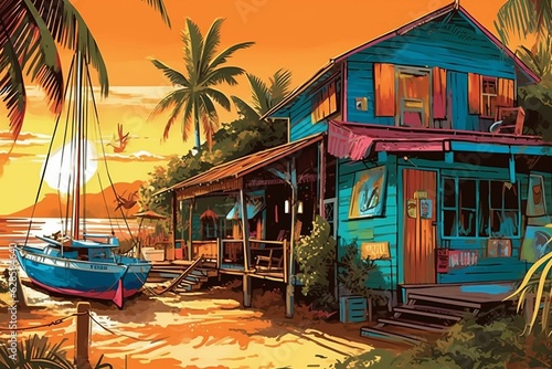 AI generated illustration of a house and a boat on the beach shore with vibrant colors