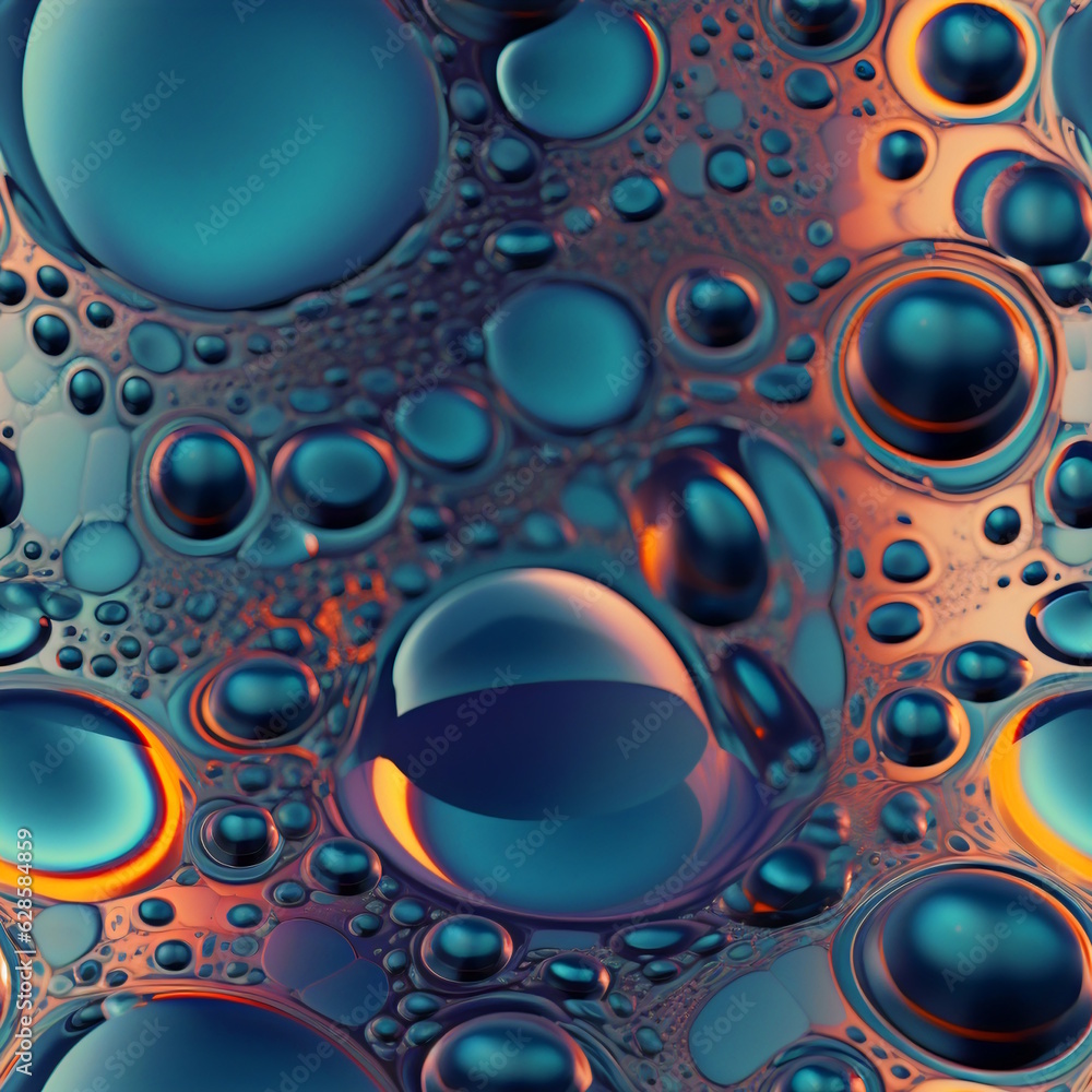 AI generated illustration of an array of blue spheres floating in clear water AI generated illustration of an array of blue spheres floating in clear water
