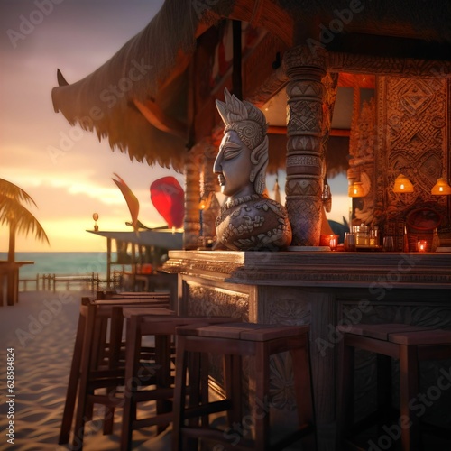 AI generated illustration of a beach cafe with tiki statues, overlooking the tranquil ocean © Enjoydigitalart/Wirestock Creators