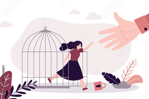 Big hand helping woman to leave cage. Psychological support, solving mental problems. Female character steps out of prison. Freedom, taking new opportunities. Equality, feminism.