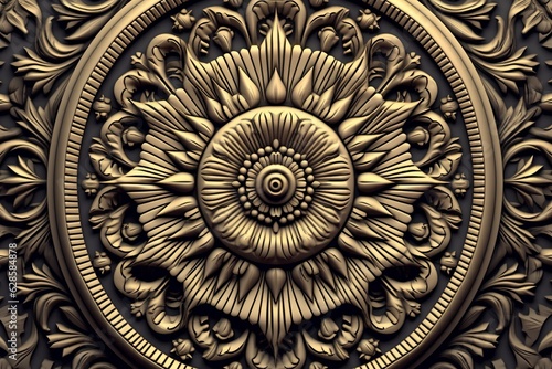 3d rendering of an ornate gold medallion on a black background photo
