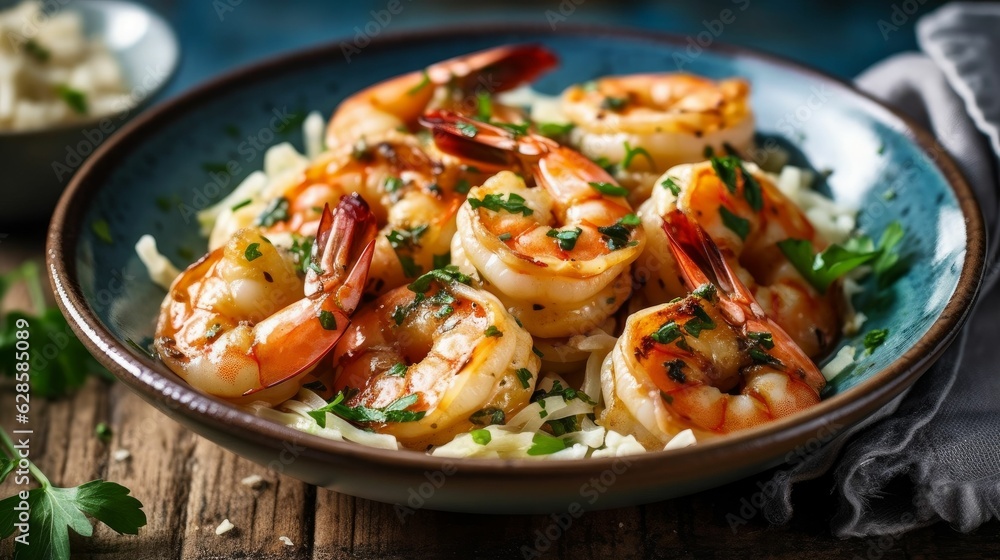 AI-generated illustration of delicious shrimp with garlic and herbs in a bowl on a wooden table. AI-generated illustration of delicious shrimp with garlic and herbs in a bowl on a wooden table.