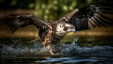AI-generated illustration of a majestic bald eagle soaring over a lake.