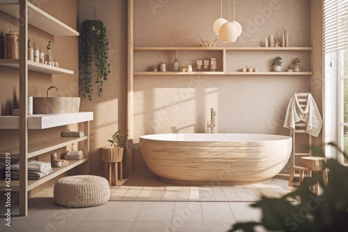 Interior of a bathroom on a sunny day. two shelves  a lamp  a sink  and a bathtub. Interior design concept. Toned picture. a mockup. Generative AI