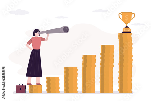 Career ladder, business woman stands on bottom step and looks through spyglass at winner's cup at the top. Long path to success, business strategy, achieving results in the future.