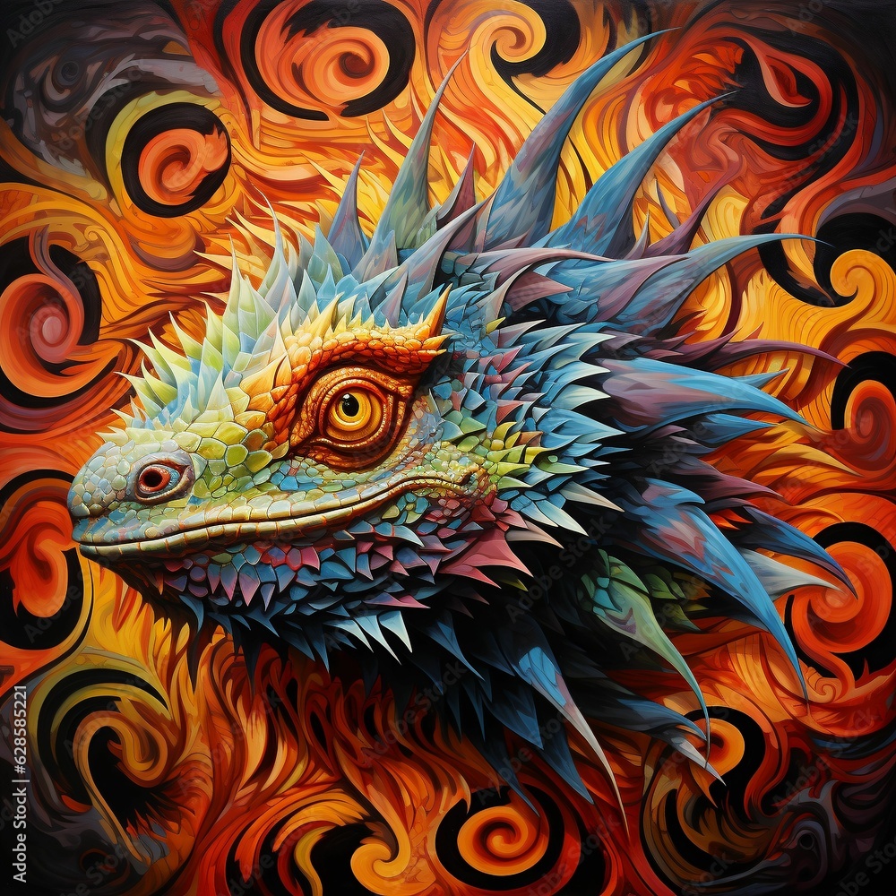 AI generated illustration of an ornate painting of a vibrant dragon head against a dark backdrop AI generated illustration of an ornate painting of a vibrant dragon head against a dark backdrop