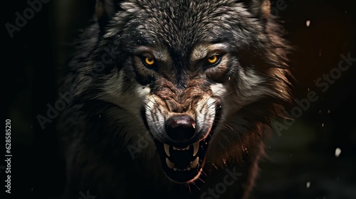 AI generated illustration of a gray wolf's head with its mouth open, showing off its sharp teeth