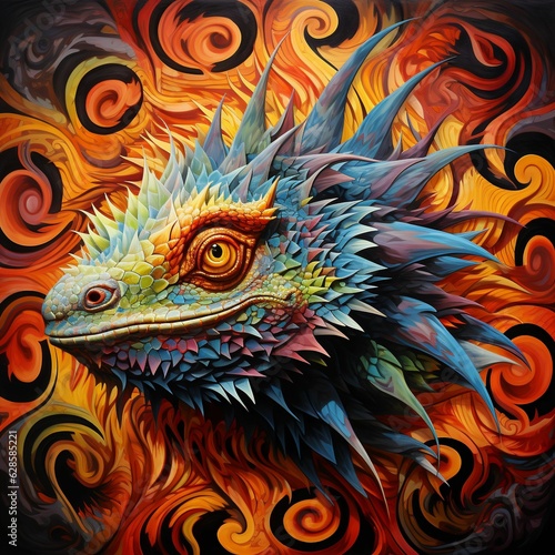 AI generated illustration of an ornate painting of a vibrant dragon head against a dark backdrop