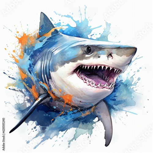 AI generated illustration of a watercolor painting of a great shark with its mouth wide open