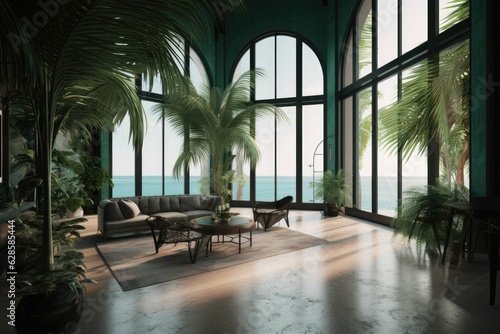 Contemporary minimalistic room filled with greenery, offering a view of the the ocean, ai-generated © Andrey Pakhomov1/Wirestock Creators