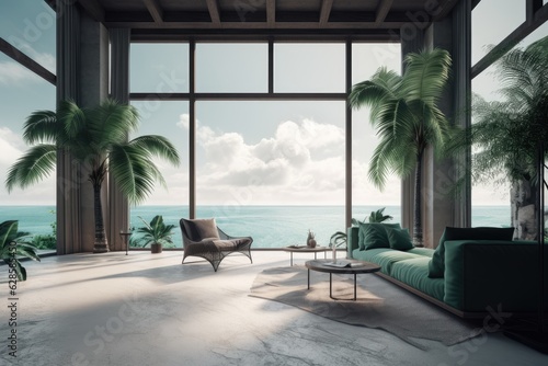 A tropical interior with palms and a huge window with a view of the ocean below  ai-generated