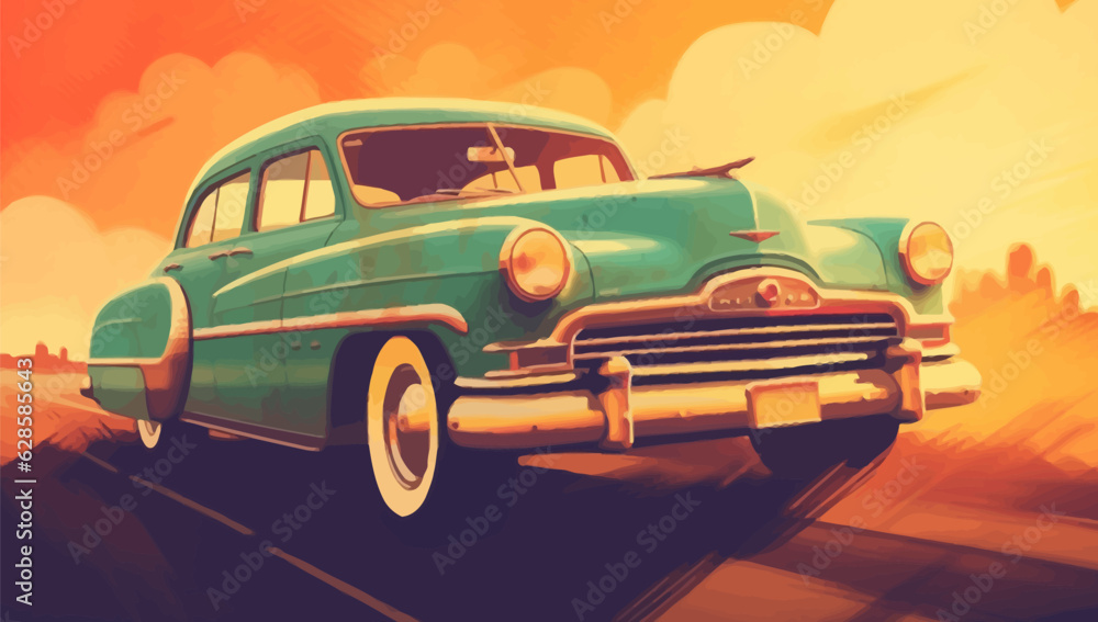 Retro car in motion. Cute picture of a car on the road.
