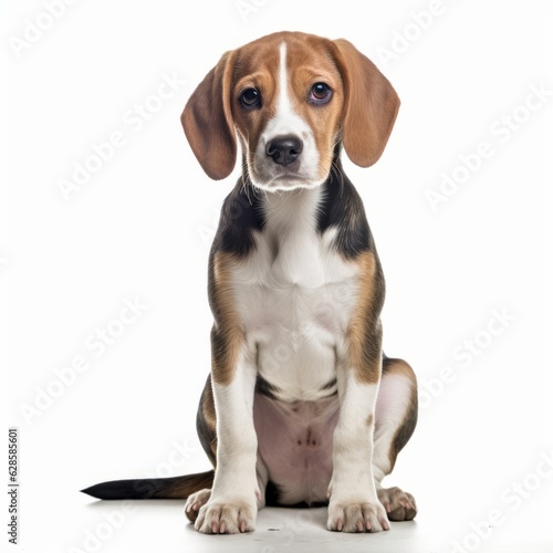 a beagle dog sitting in front of a white background