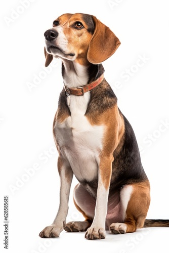 a beagle dog sitting in front of a white background
