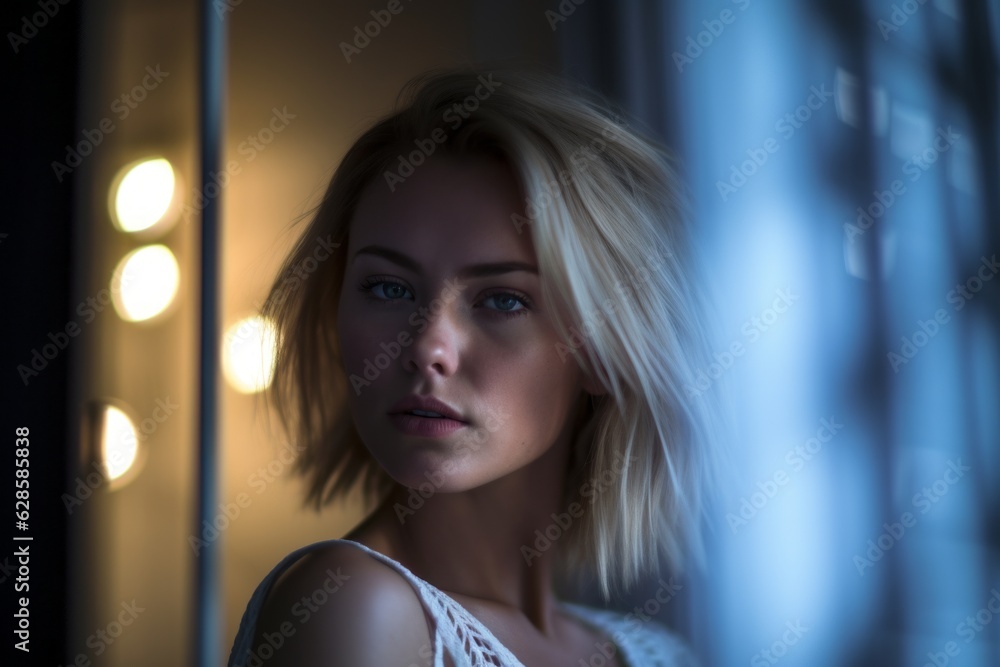 a beautiful blonde woman in a white dress looking into the mirror