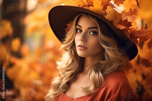 a beautiful blonde woman in a hat with autumn leaves