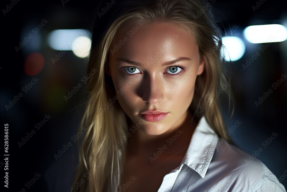 a beautiful blonde woman with blue eyes in the dark a beautiful blonde woman with blue eyes in the dark