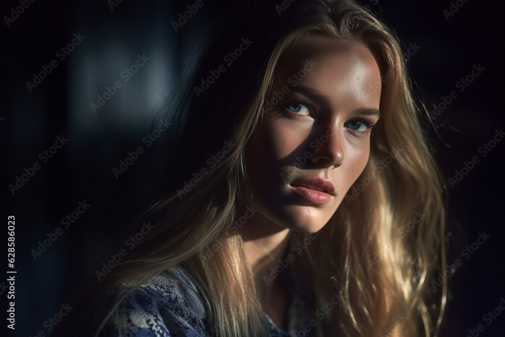 a beautiful blonde woman with blue eyes in the dark a beautiful blonde woman with blue eyes in the dark