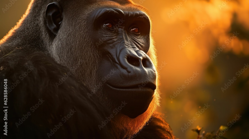 AI generated illustration of A portrait of a gorilla illuminated by the setting sun