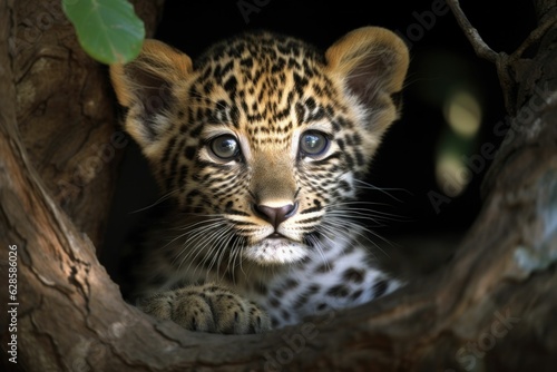 AI generated illustration of a cute spotted leopard baby on a tree