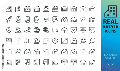 Real estate isolated icons set. Set of  commercial property, house price, home location, for rent sign, for sale sign, real estate app, home key, online database, garage, warehouse vector icon photo