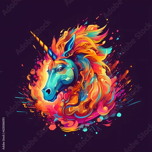 AI generated illustration of a unicorn head surrounded by vibrant rainbow-colored splashes
