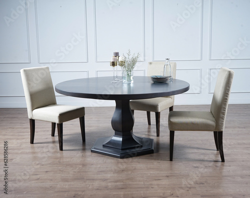 modern dining room with table and black round table set on wood floor in white background