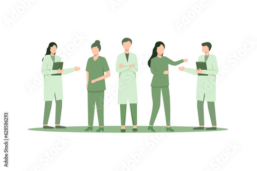 vector illustration flat design Group of doctors, medical staff standing and talking on blue background, Doctor teamwork banner.