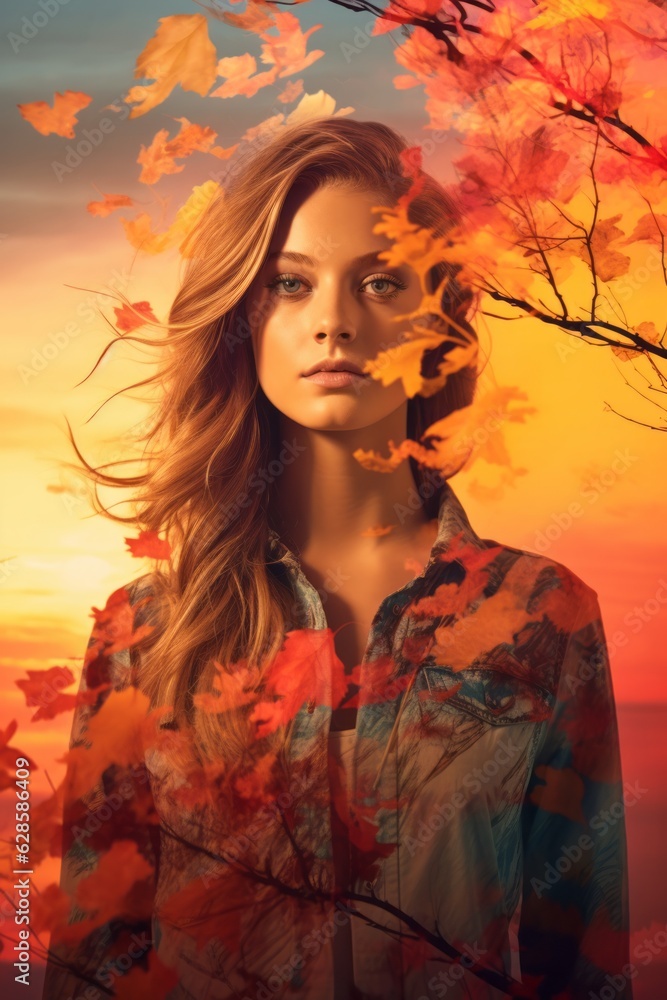a beautiful woman is standing in front of autumn leaves a beautiful woman is standing in front of autumn leaves