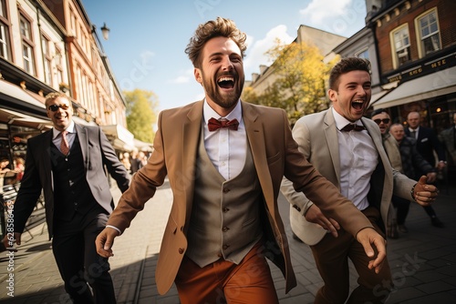 Men in suits jumping with j...